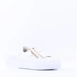 Women Gabor Platform Trainer Side Zip Campus - White Gold Leather