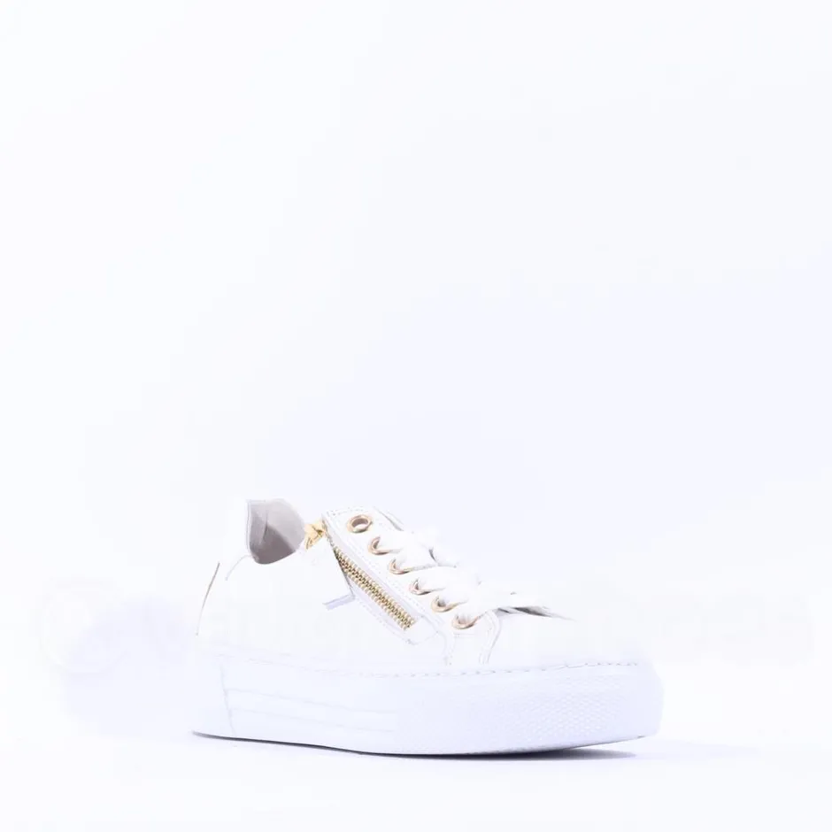 Women Gabor Platform Trainer Side Zip Campus - White Gold Leather