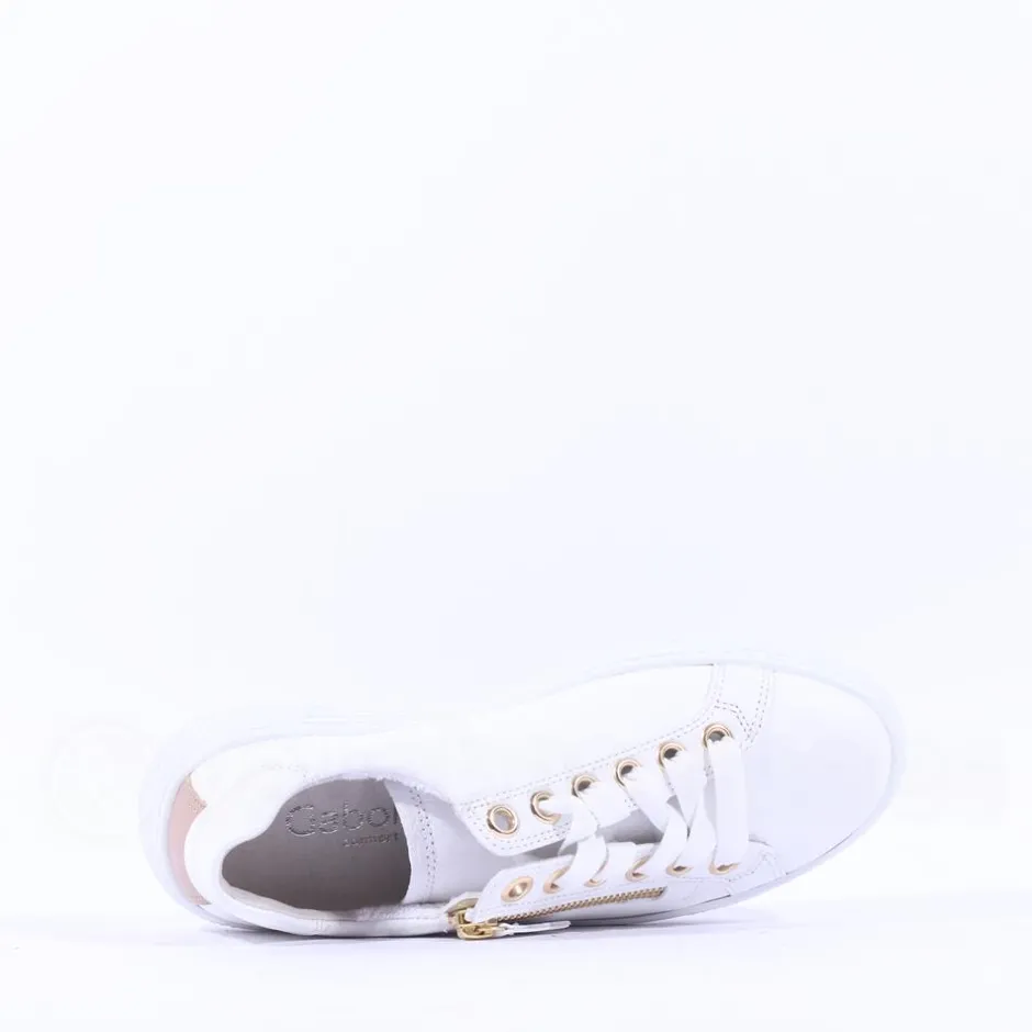 Women Gabor Platform Trainer Side Zip Campus - White Gold Leather