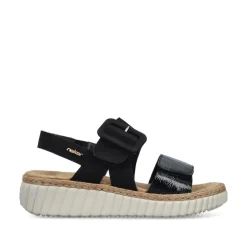 Women Rieker Platform Twin Velcro Strap Sandal - Black Patent Combi