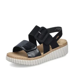 Women Rieker Platform Twin Velcro Strap Sandal - Black Patent Combi