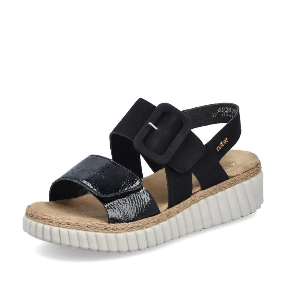 Women Rieker Platform Twin Velcro Strap Sandal - Black Patent Combi