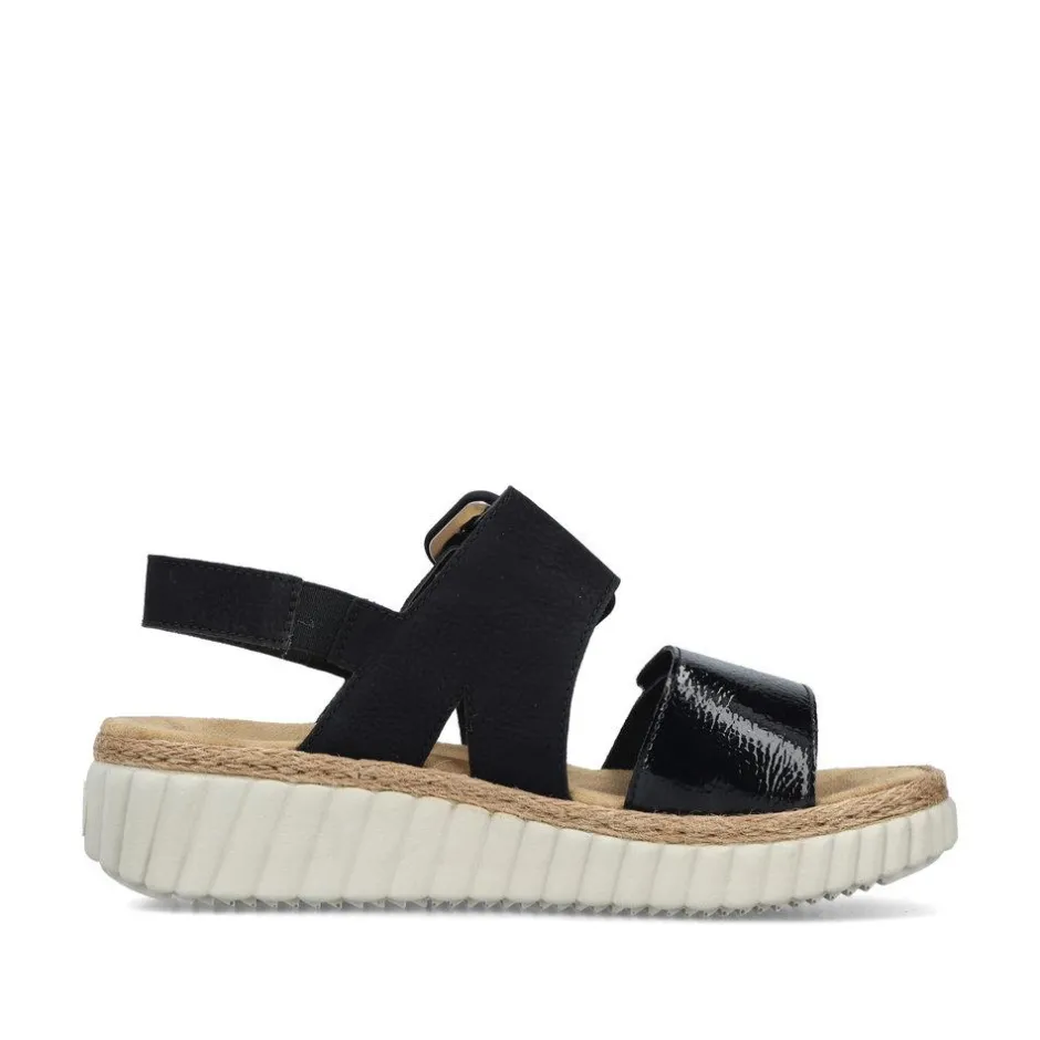 Women Rieker Platform Twin Velcro Strap Sandal - Black Patent Combi