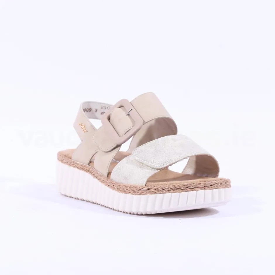 Women Rieker Platform Twin Velcro Strap Sandal - Beige Metallic Combi