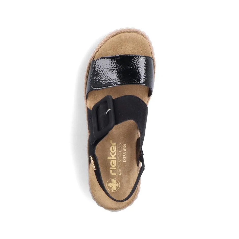 Women Rieker Platform Twin Velcro Strap Sandal - Black Patent Combi