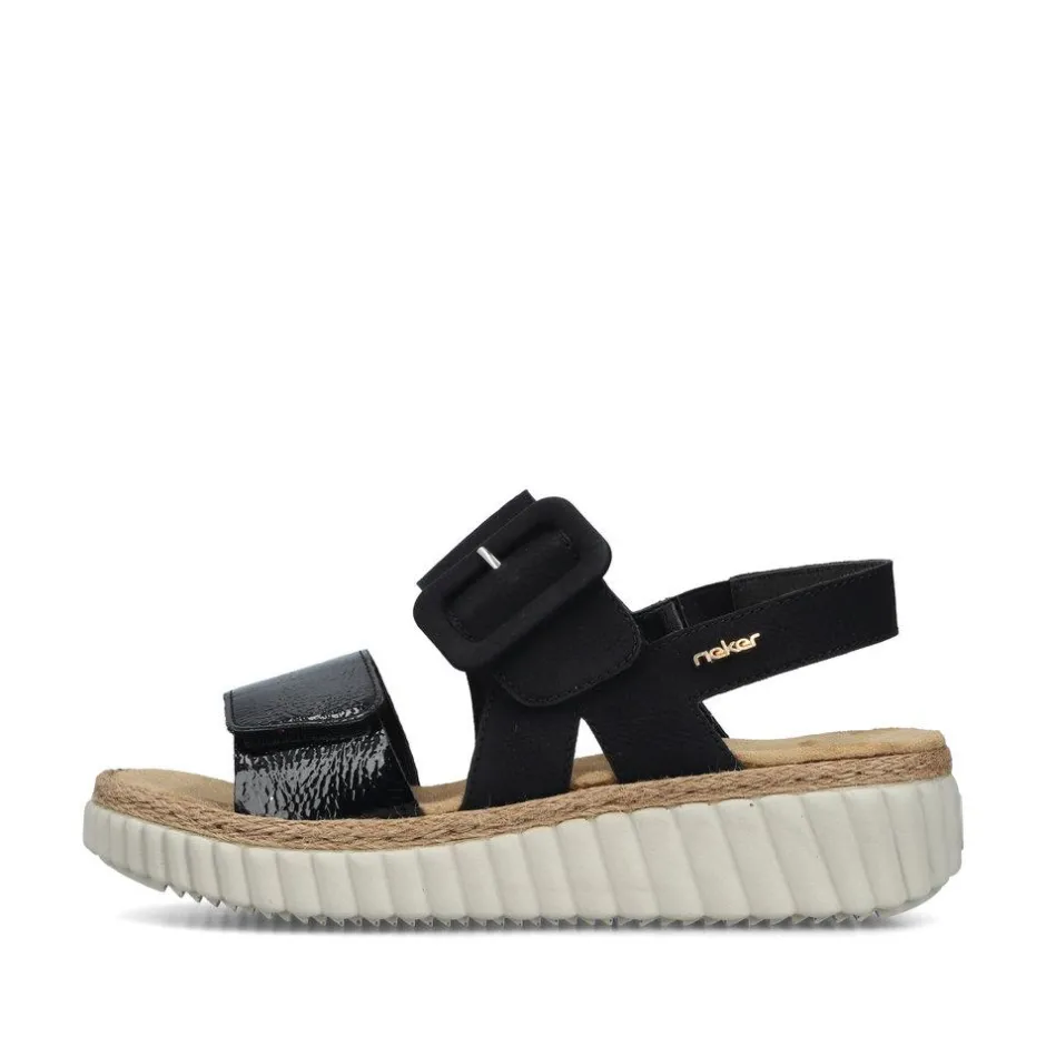 Women Rieker Platform Twin Velcro Strap Sandal - Black Patent Combi