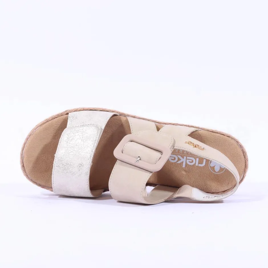 Women Rieker Platform Twin Velcro Strap Sandal - Beige Metallic Combi