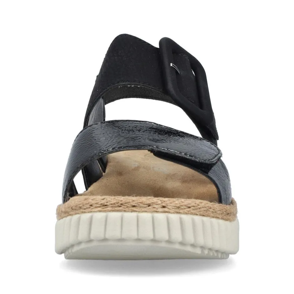 Women Rieker Platform Twin Velcro Strap Sandal - Black Patent Combi