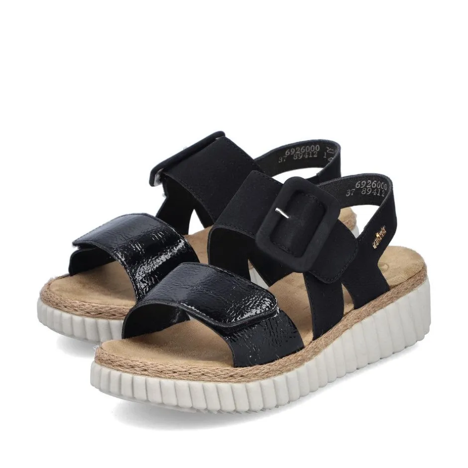 Women Rieker Platform Twin Velcro Strap Sandal - Black Patent Combi