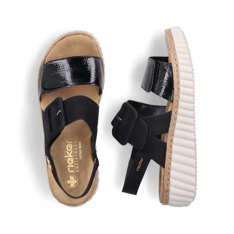 Women Rieker Platform Twin Velcro Strap Sandal - Black Patent Combi