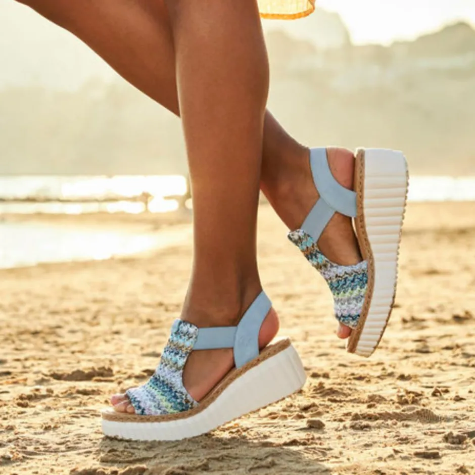 Women Rieker Platform Wedge Knitted Sandal - Blue Combination