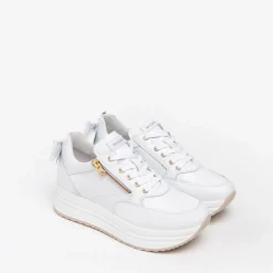 Women NeroGiardini Platform Zip Bow Trainer - White Gold Leather