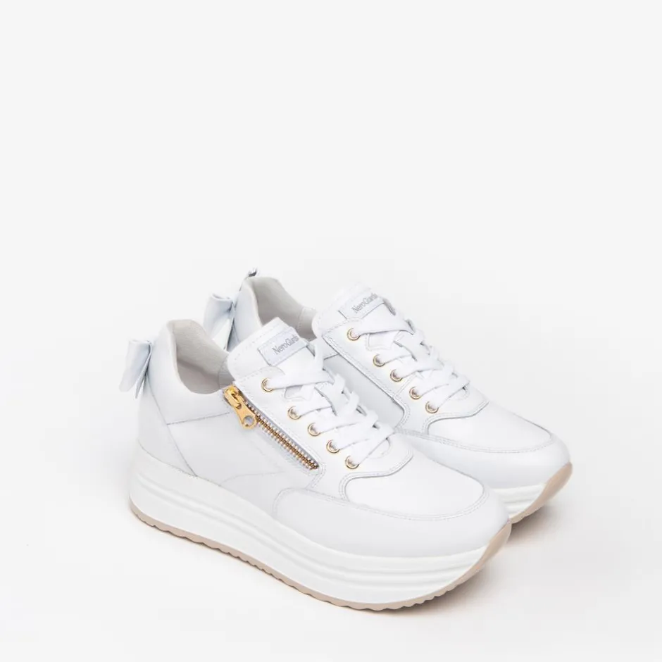 Women NeroGiardini Platform Zip Bow Trainer - White Gold Leather