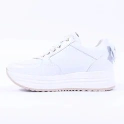 Women NeroGiardini Platform Zip Bow Trainer - White Gold Leather
