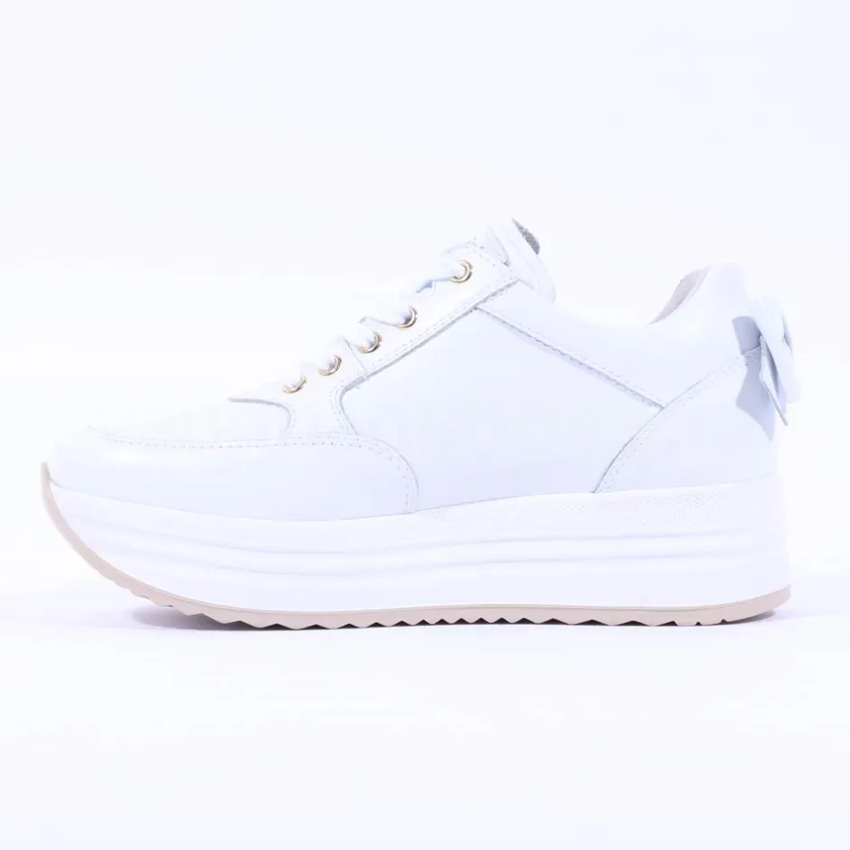 Women NeroGiardini Platform Zip Bow Trainer - White Gold Leather
