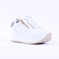 Women NeroGiardini Platform Zip Bow Trainer - White Gold Leather