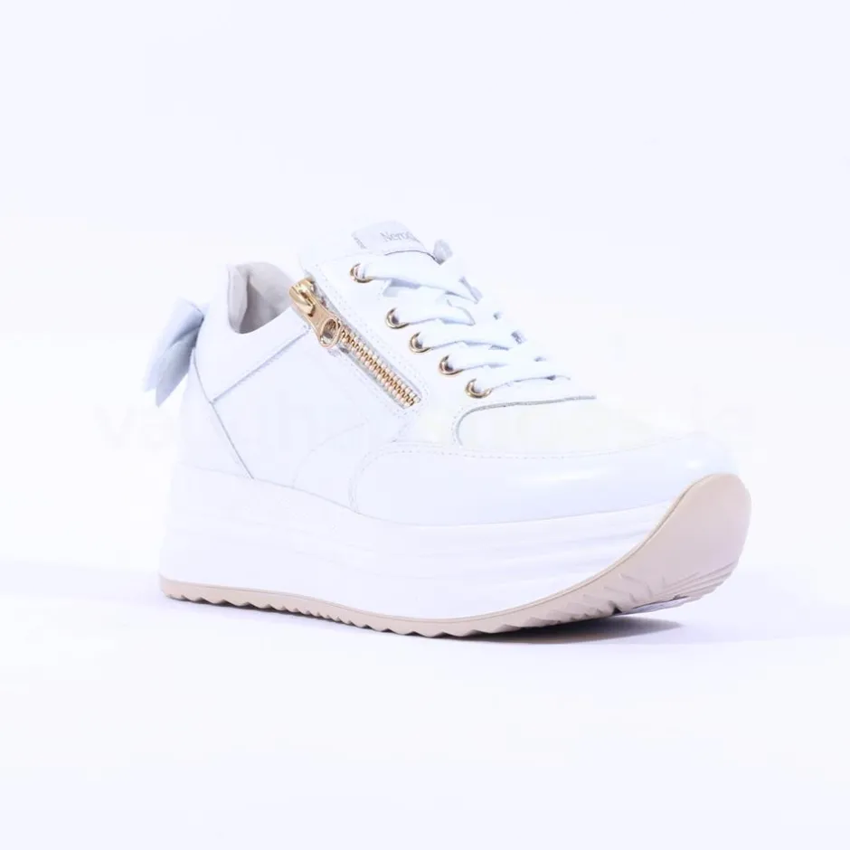 Women NeroGiardini Platform Zip Bow Trainer - White Gold Leather