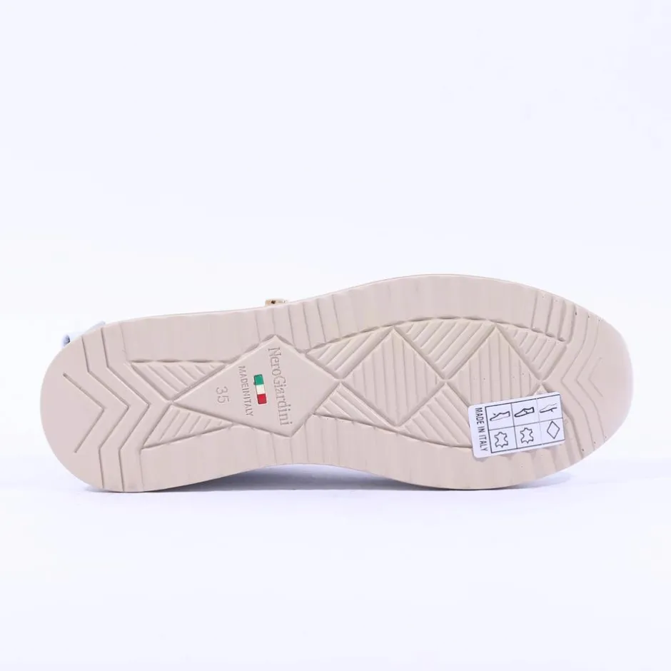 Women NeroGiardini Platform Zip Bow Trainer - White Gold Leather