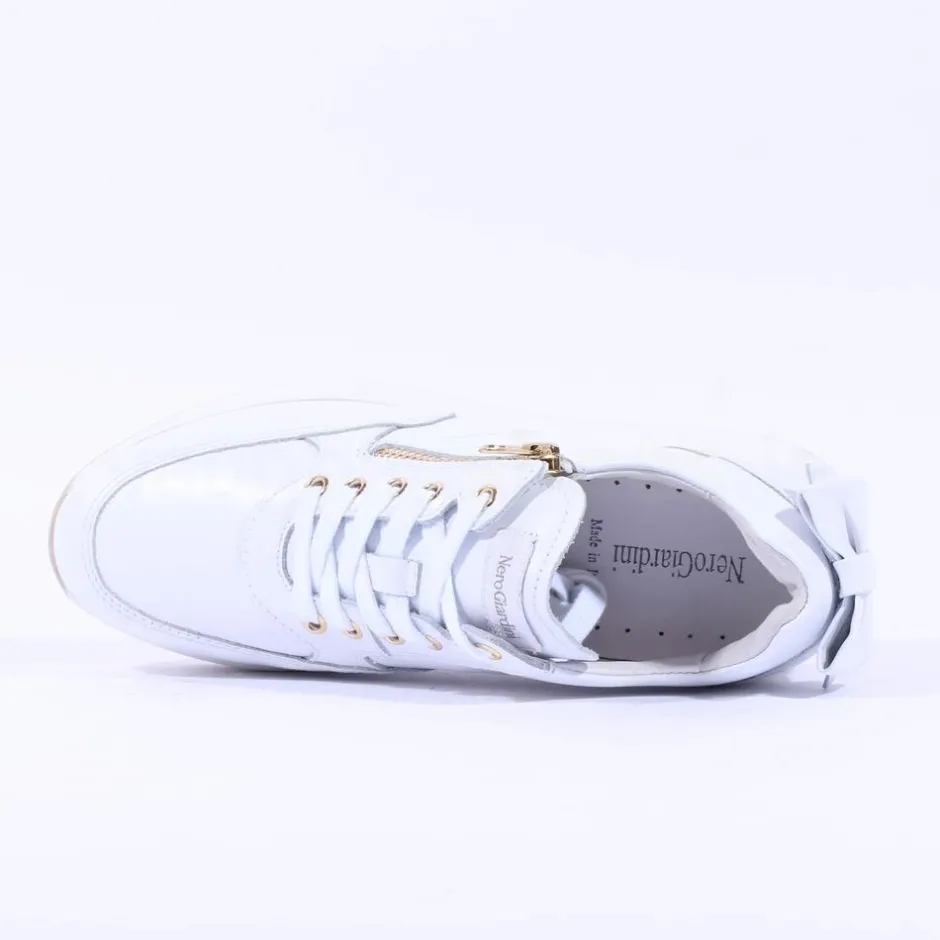 Women NeroGiardini Platform Zip Bow Trainer - White Gold Leather