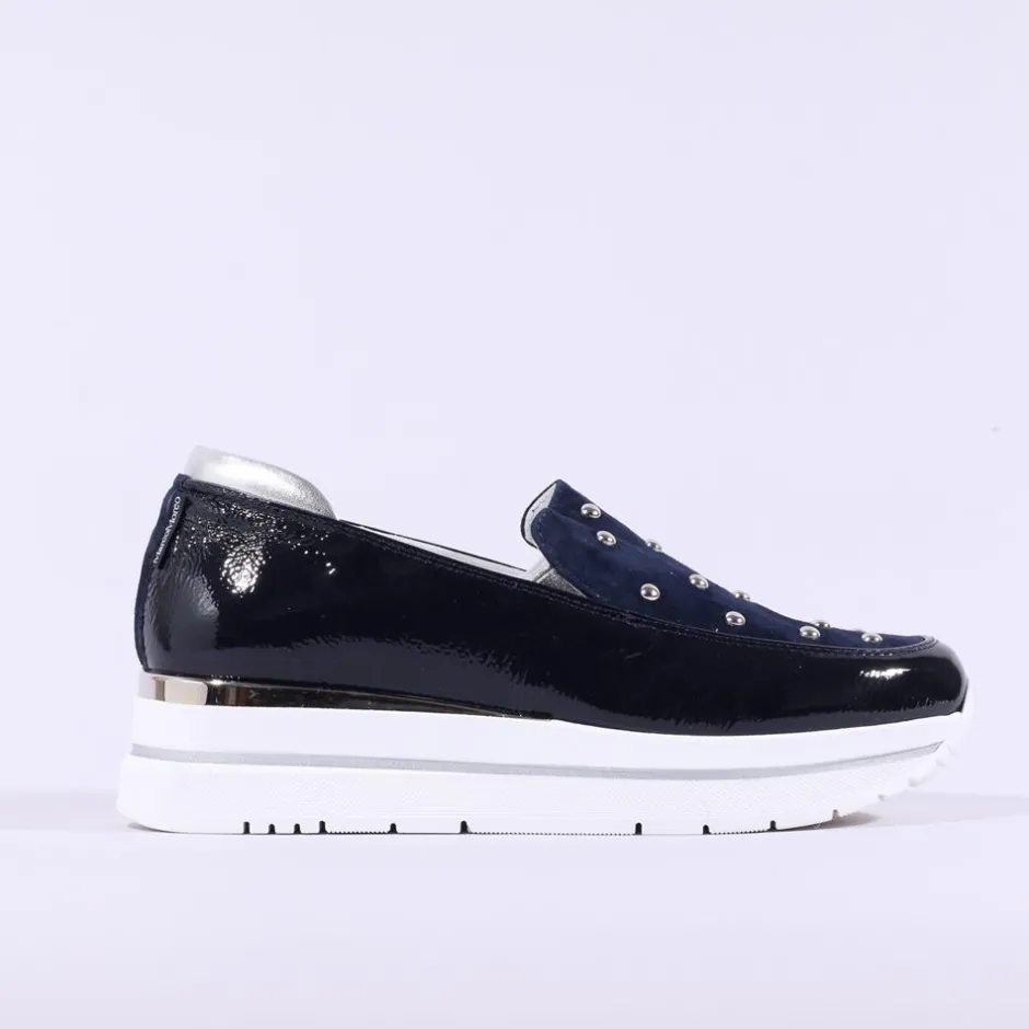 Women Marco Moreo Pompei Stud Platform Slip On - Navy Patent