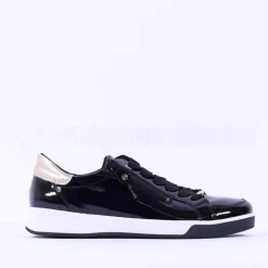 Women Ara Rom Side Zip Lace Trainer - Black Patent