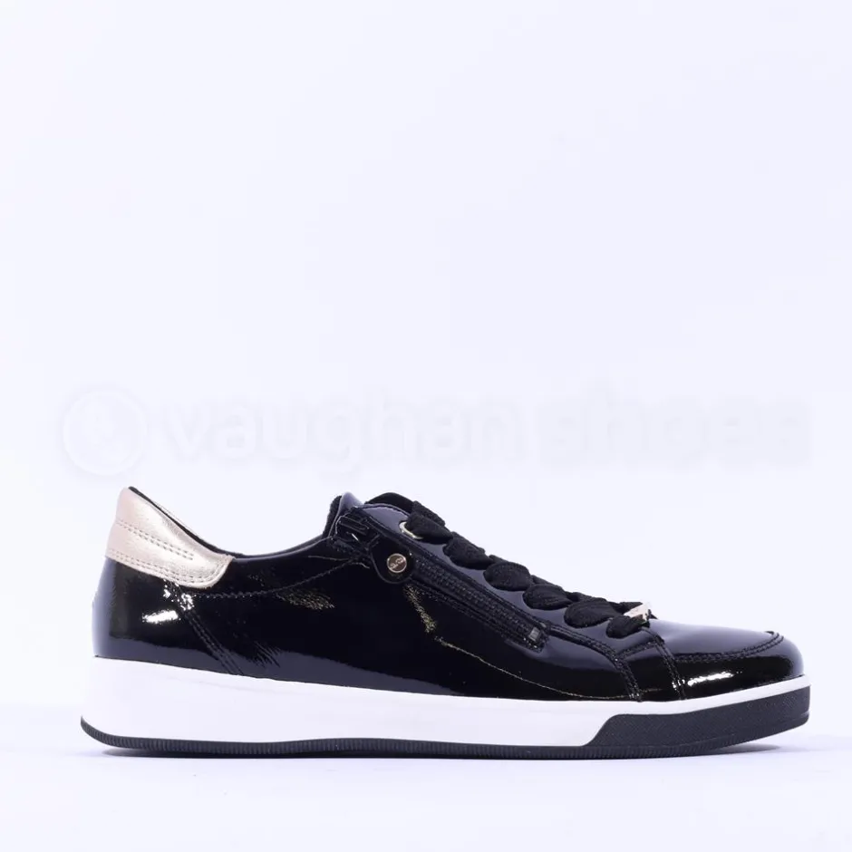 Women Ara Rom Side Zip Lace Trainer - Black Patent