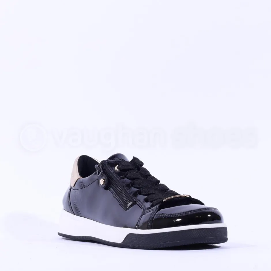 Women Ara Rom Side Zip Lace Trainer - Black Patent