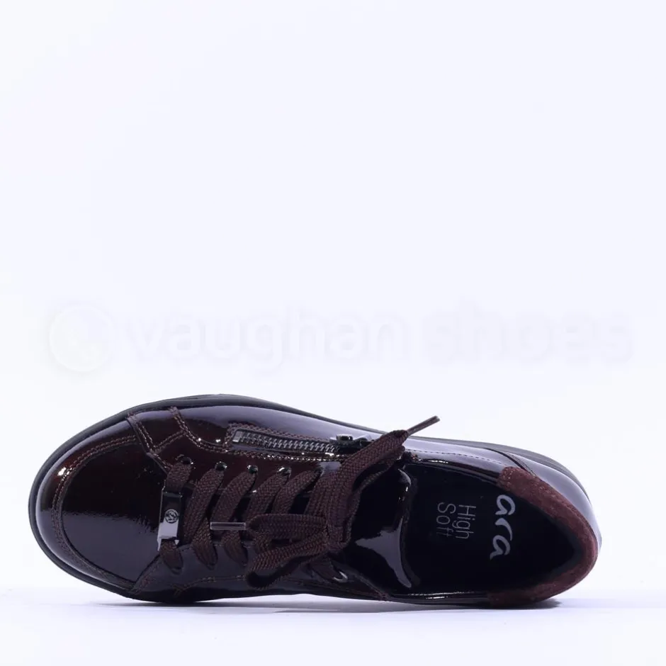 Women Ara Rom Side Zip Lace Trainer - Dark Burgundy Patent