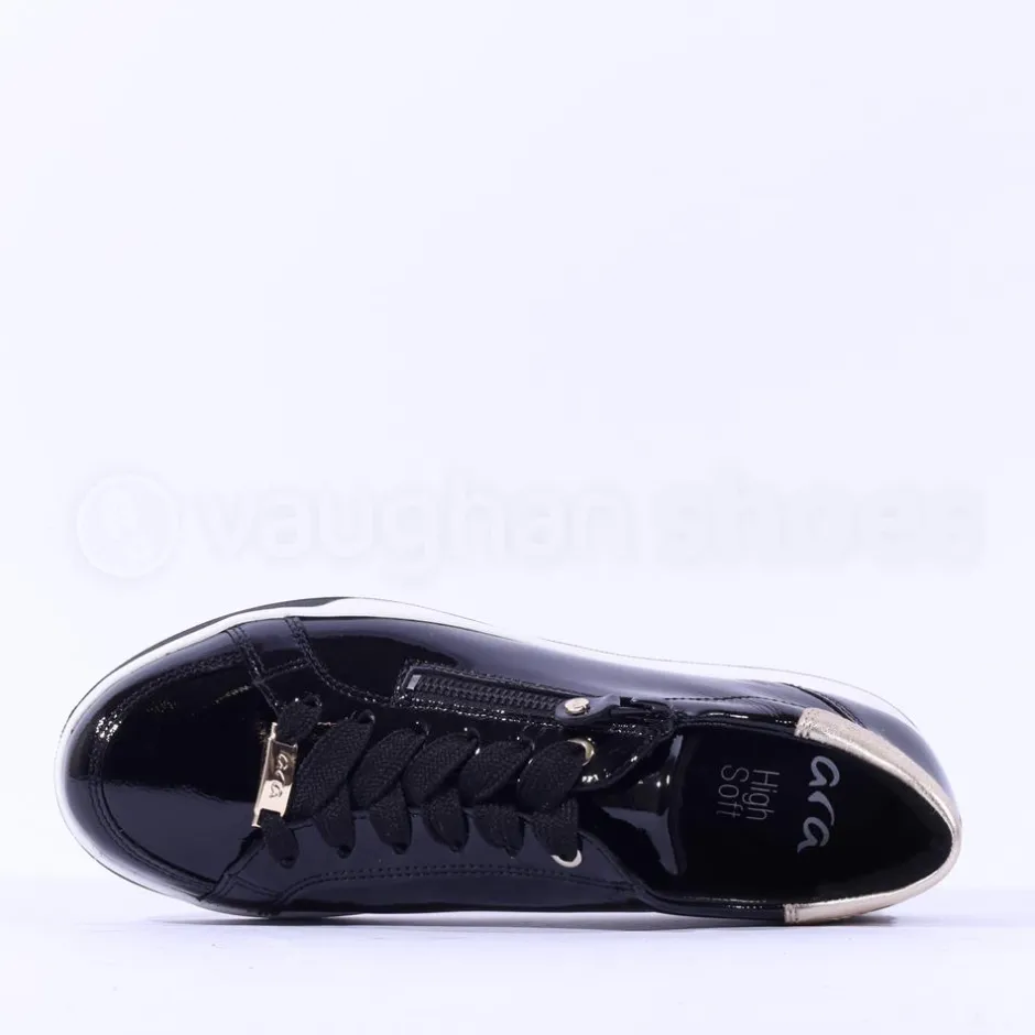 Women Ara Rom Side Zip Lace Trainer - Black Patent