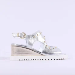Women Marco Moreo San Remo Wedge Stud Sandal - Silver Gold