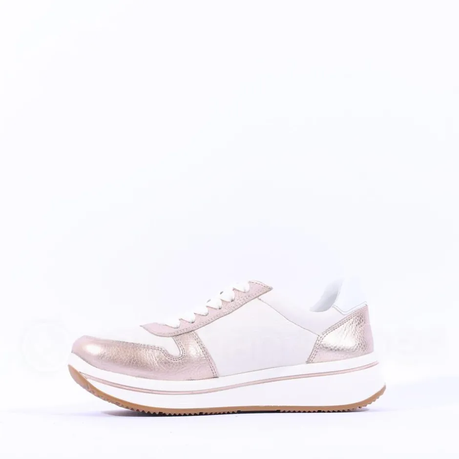Women Ara Sapporo Side Zip Platform Trainer - White Gold Leather