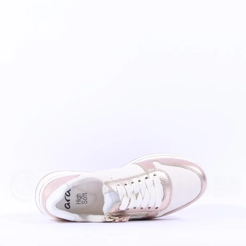 Women Ara Sapporo Side Zip Platform Trainer - White Gold Leather