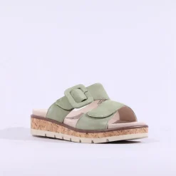 Women Caprice Selina Cork Platform Mule - Green Suede