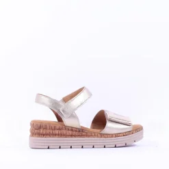 Women Gabor Shout Velcro Strap Wedge Sandal - Gold Leather