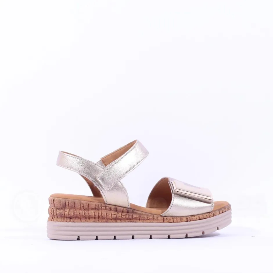 Women Gabor Shout Velcro Strap Wedge Sandal - Gold Leather