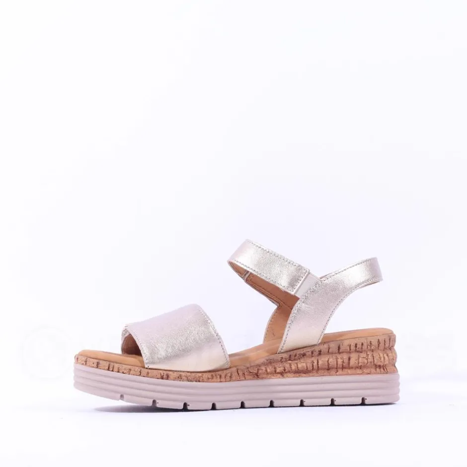 Women Gabor Shout Velcro Strap Wedge Sandal - Gold Leather