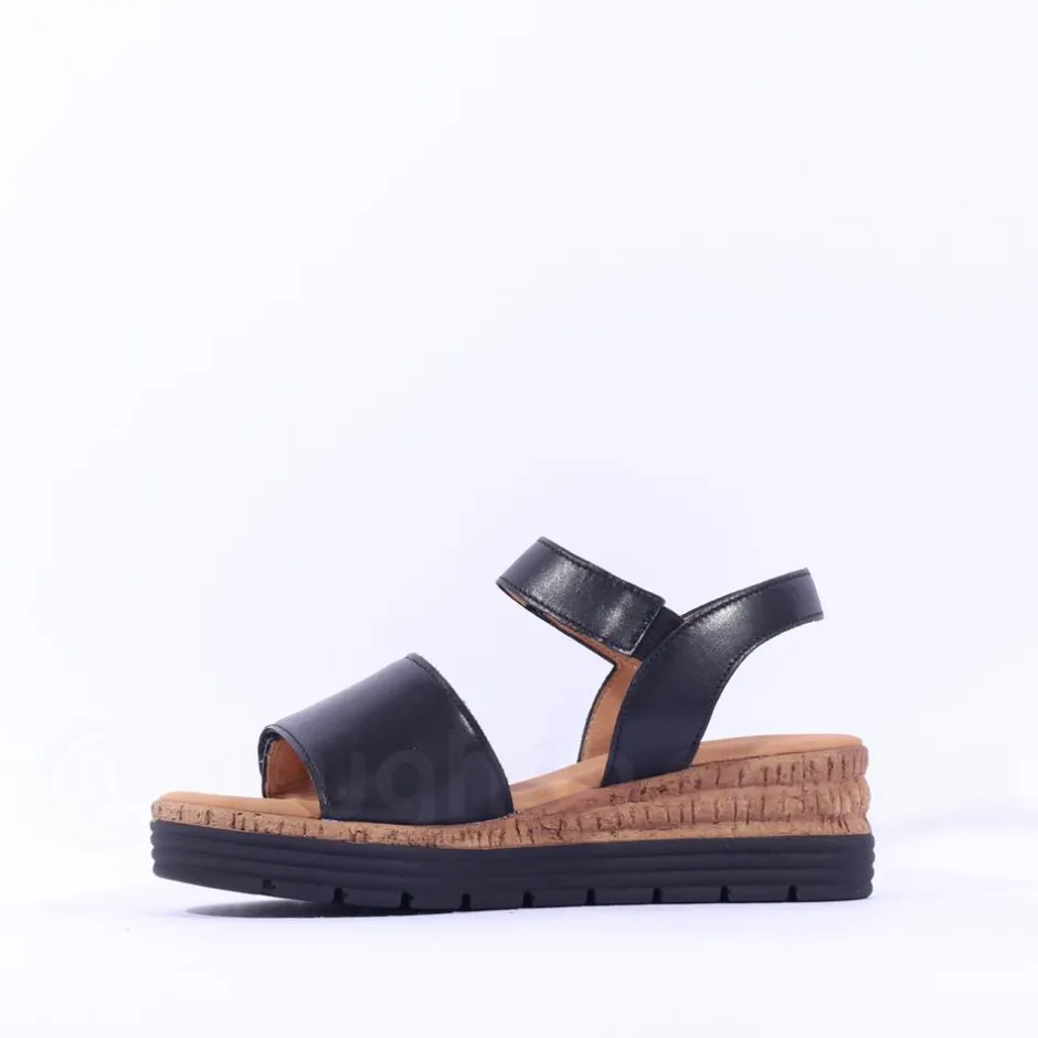 Women Gabor Shout Velcro Strap Wedge Sandal - Black Leather