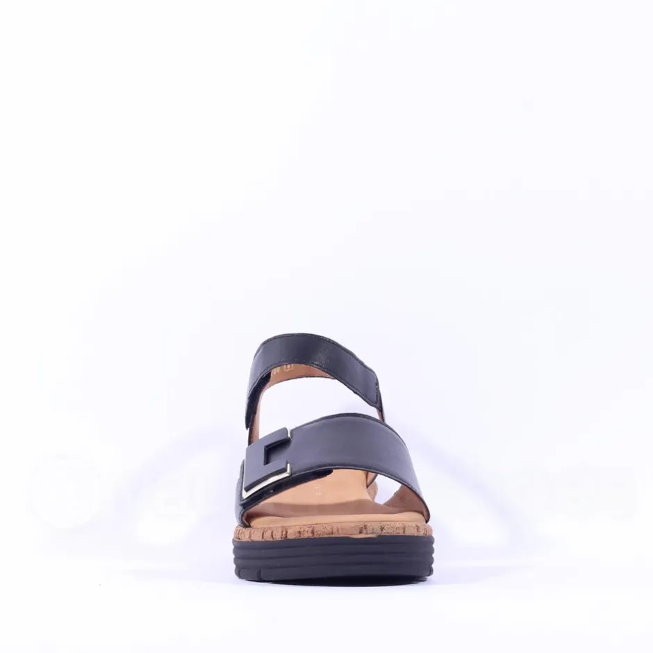 Women Gabor Shout Velcro Strap Wedge Sandal - Black Leather