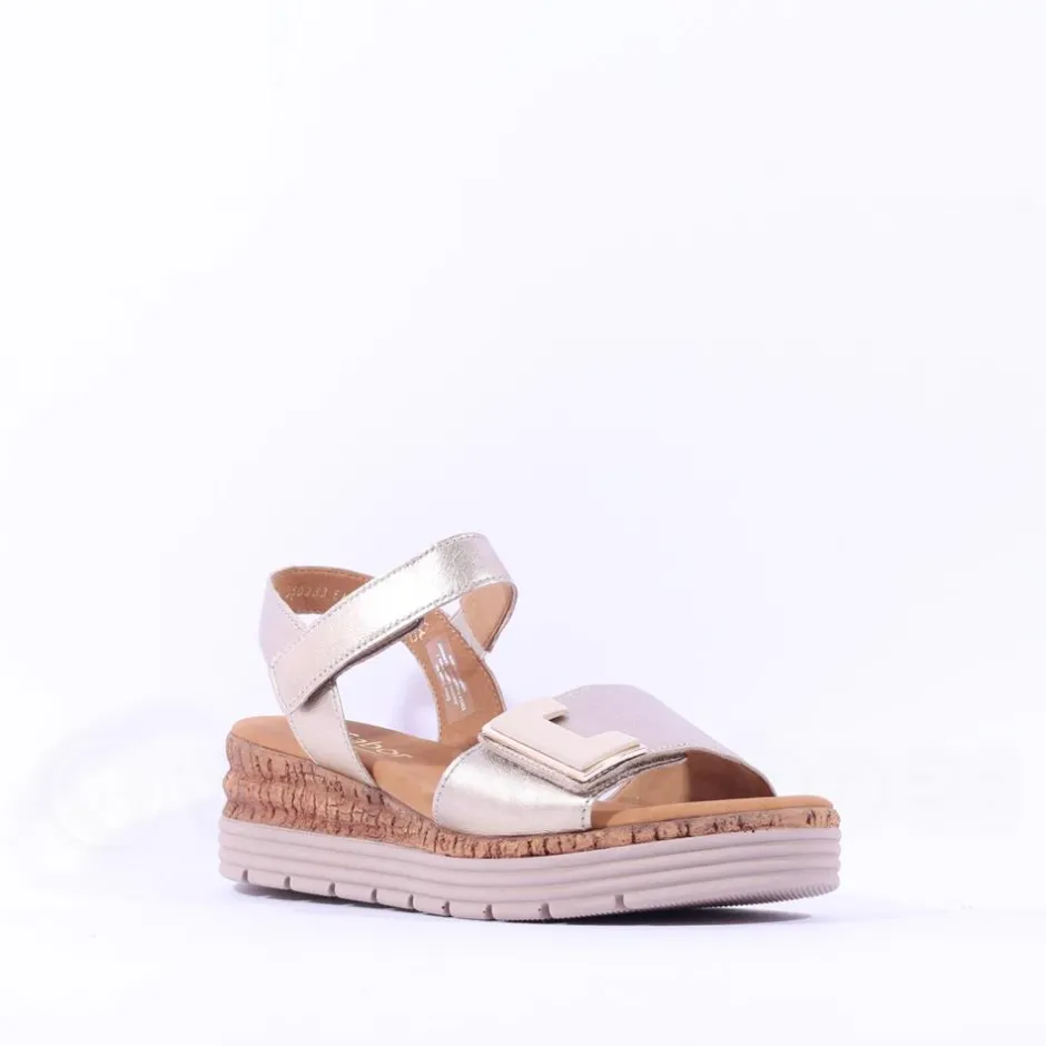 Women Gabor Shout Velcro Strap Wedge Sandal - Gold Leather