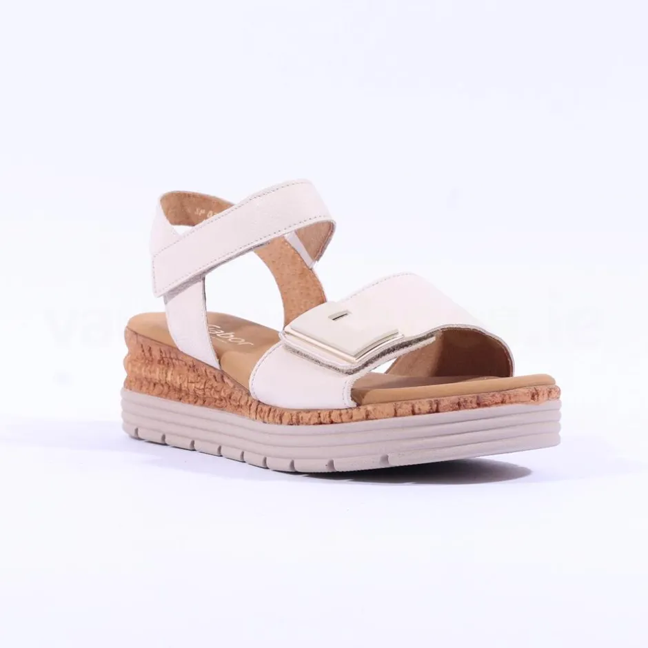 Women Gabor Shout Velcro Strap Wedge Sandal - Cream Leather