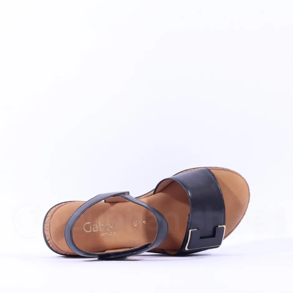 Women Gabor Shout Velcro Strap Wedge Sandal - Black Leather