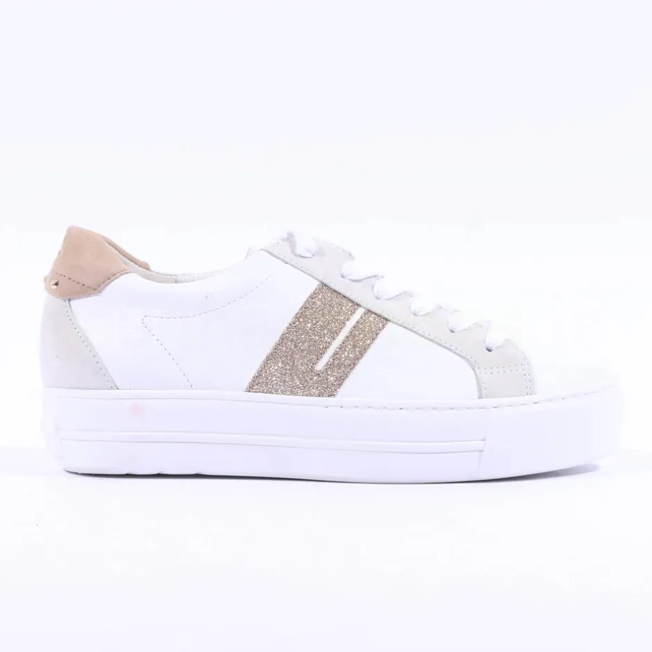 Women Paul Green Side Panel Laced Trainer - White Gold Leather