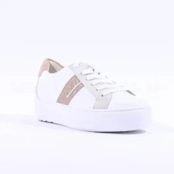 Women Paul Green Side Panel Laced Trainer - White Gold Leather