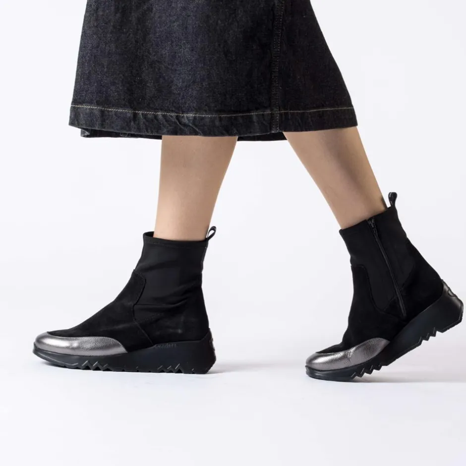 Women Wonders Singapur Gusset Wedge Boot - Black Stretch