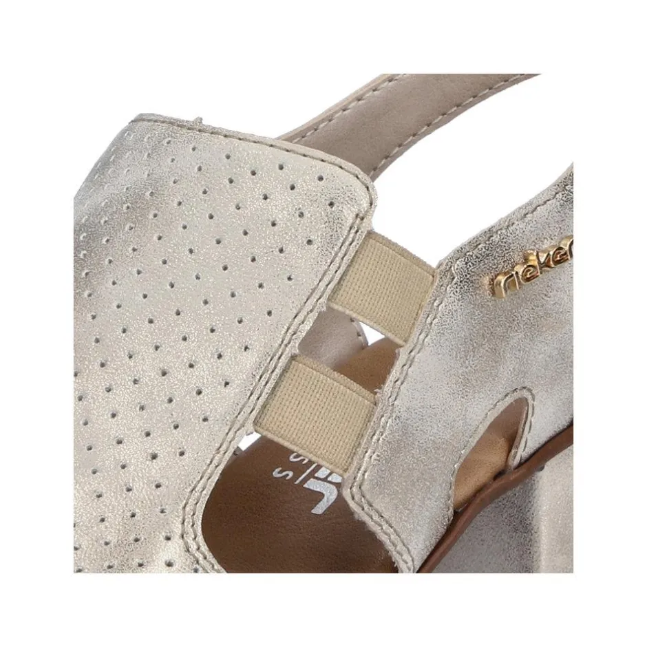 Women Rieker Sling Back Block Heel Sandal - Beige Metallic