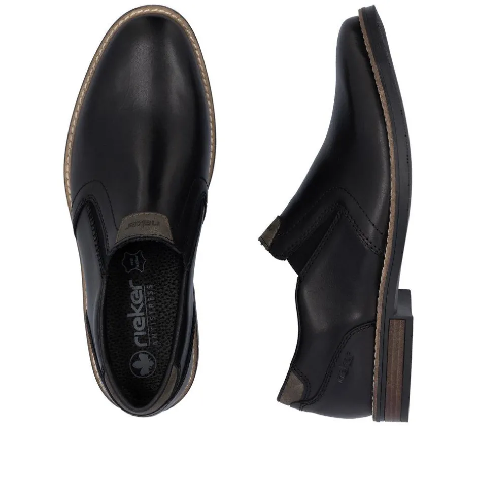 Rieker Men Slip On Plain Toe Shoe - Black Leather