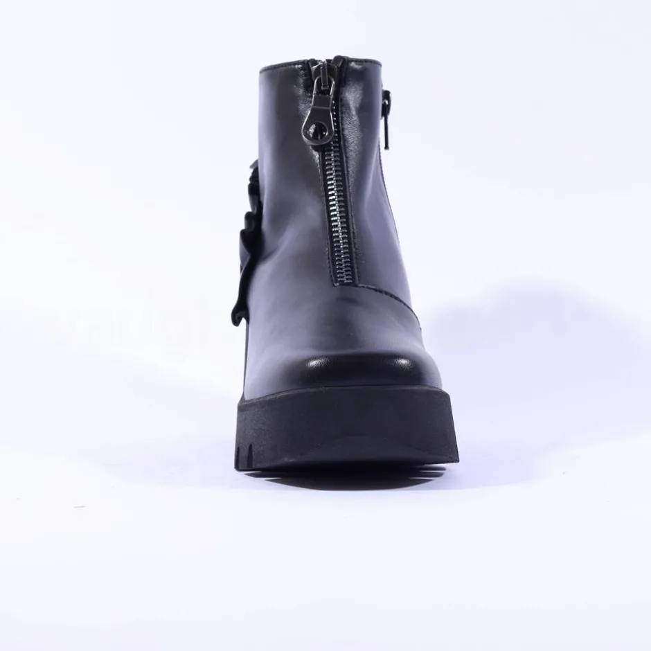 Women Marco Moreo Sofia Front Zip Frill Wedge - Black Leather