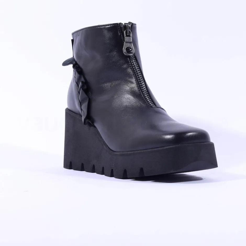 Women Marco Moreo Sofia Front Zip Frill Wedge - Black Leather