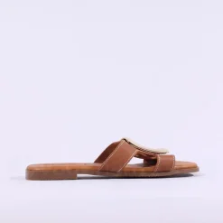 Women Oh My Sandals Square Buckle Mule Slider - Cognac