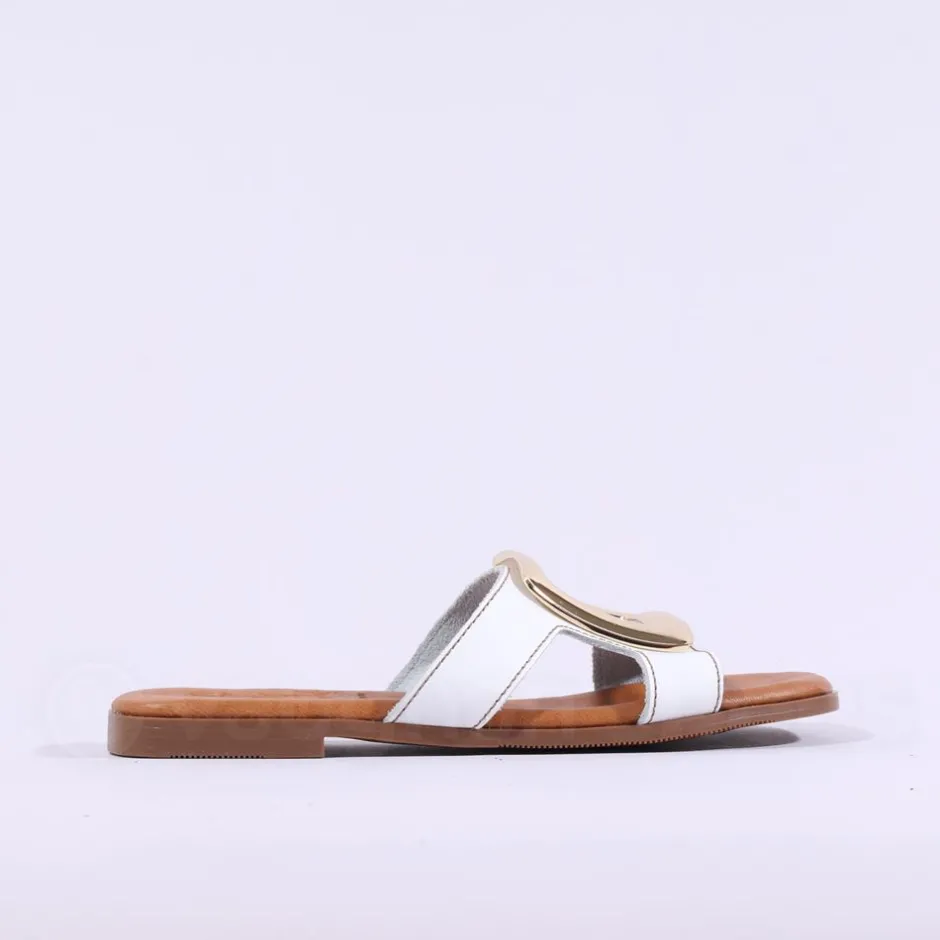 Women Oh My Sandals Square Buckle Mule Slider - White Gold